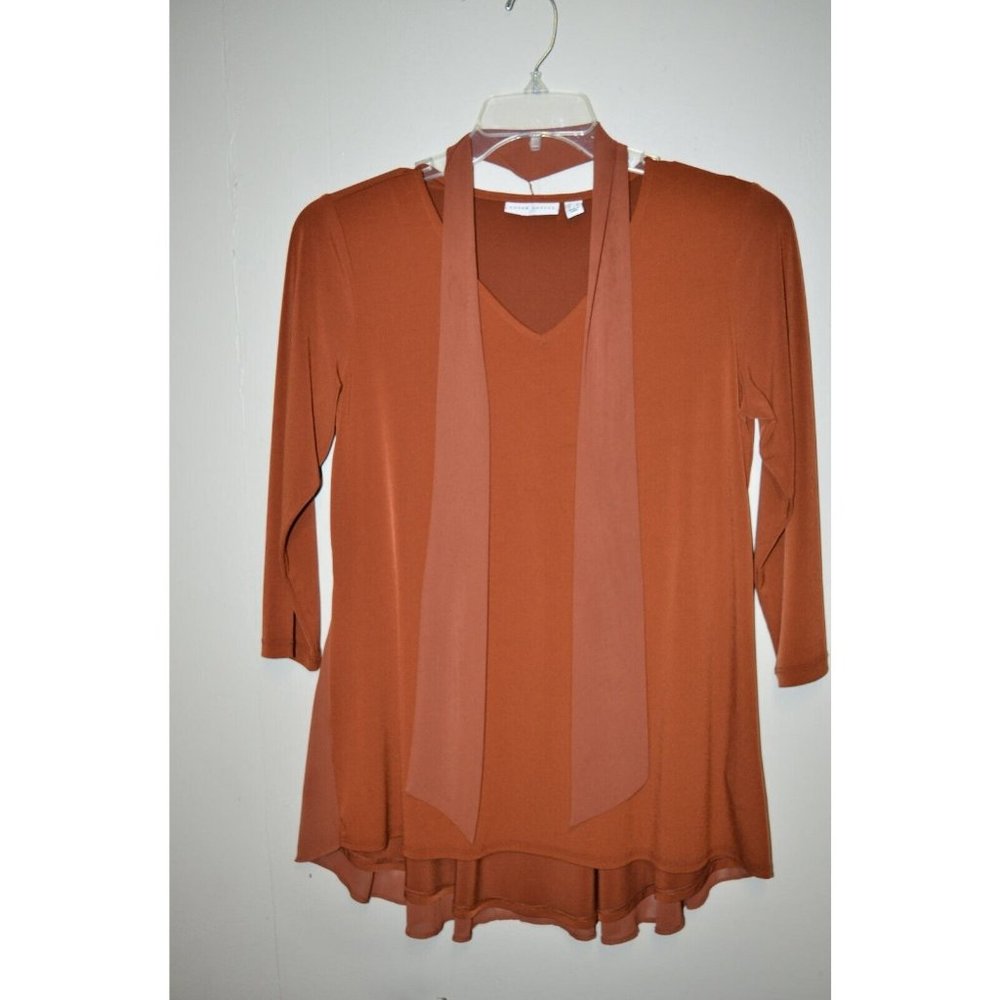 Susan Graver Liquid Knit Peplum Back Top with‎ Chiffon Overlay Brown S A308258